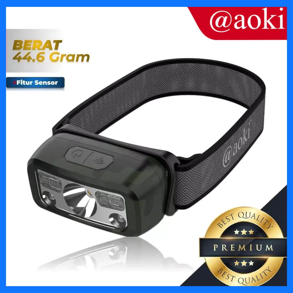 AOKI Lampu Kepala Sensor Cerdas – Ultra Ringan, USB-C, Baterai Tahan Lama, LED Terang, IP4X, Cocok untuk Outdoor & Petualangan