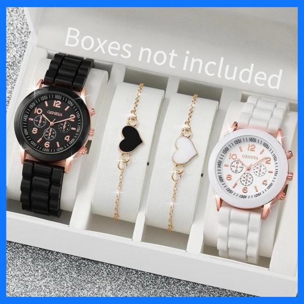 4PCS Jam Tangan Pasangan Fashion Tali Silikon Gelang Jantung Jam Tangan Kuarsa Wanita (Tanpa Kotak)